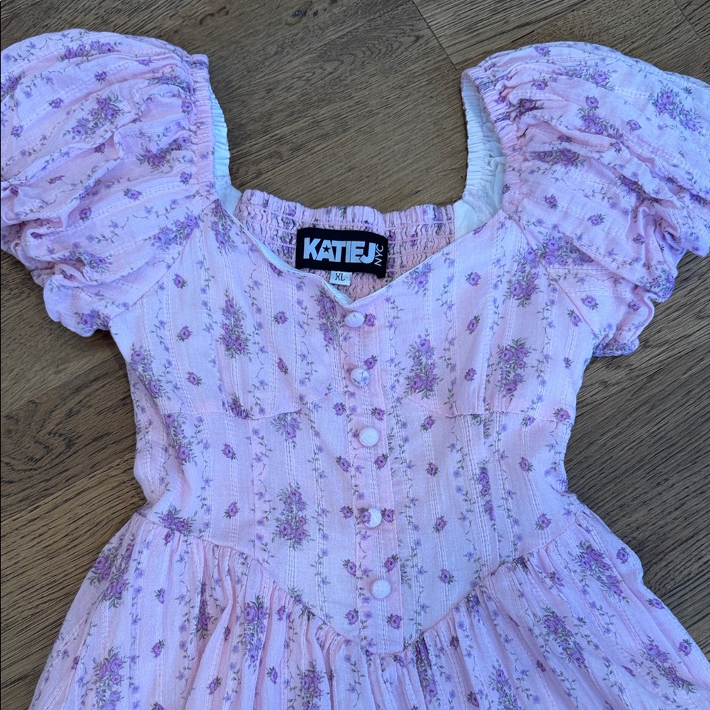 Katie J NYC Pink Floral Puff Sleeve Cotton Dress - Picture 2 of 3